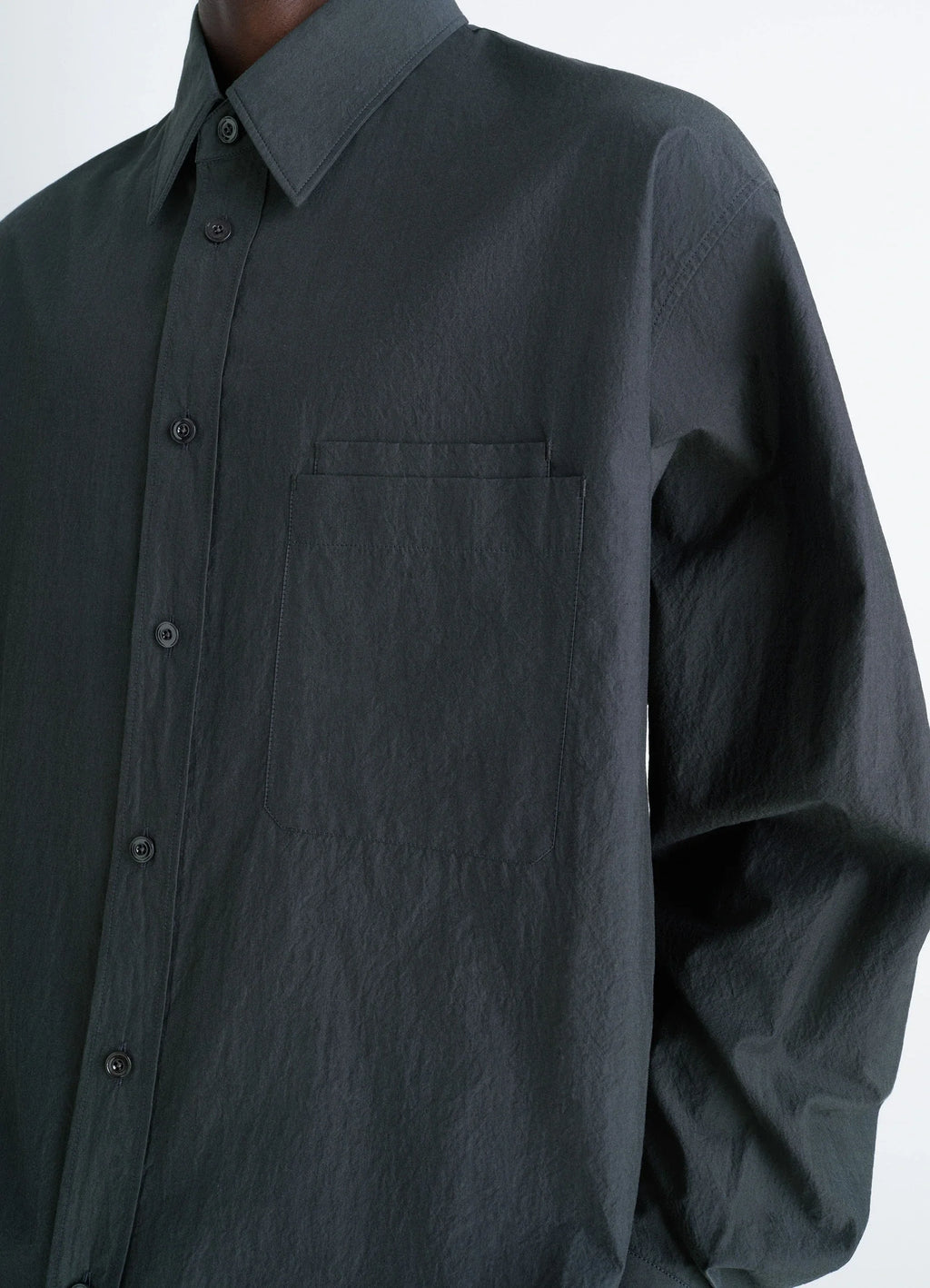 Lemaire Double Pocket Shirt in Cotton Crepe, model shot, close-up detail single pocket visible