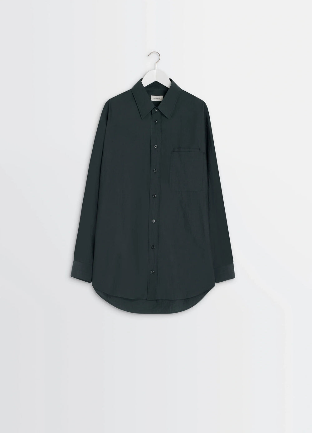 Lemaire Double Pocket Shirt in Cotton Crepe, product shot, hanging shot curved hem detail