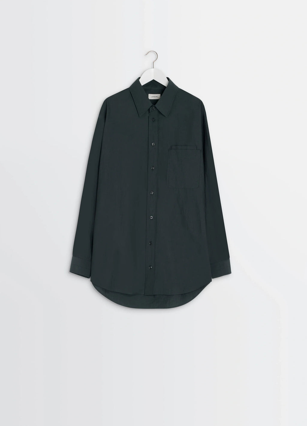 Lemaire Double Pocket Shirt in Cotton Crepe, product shot, hanging shot curved hem detail