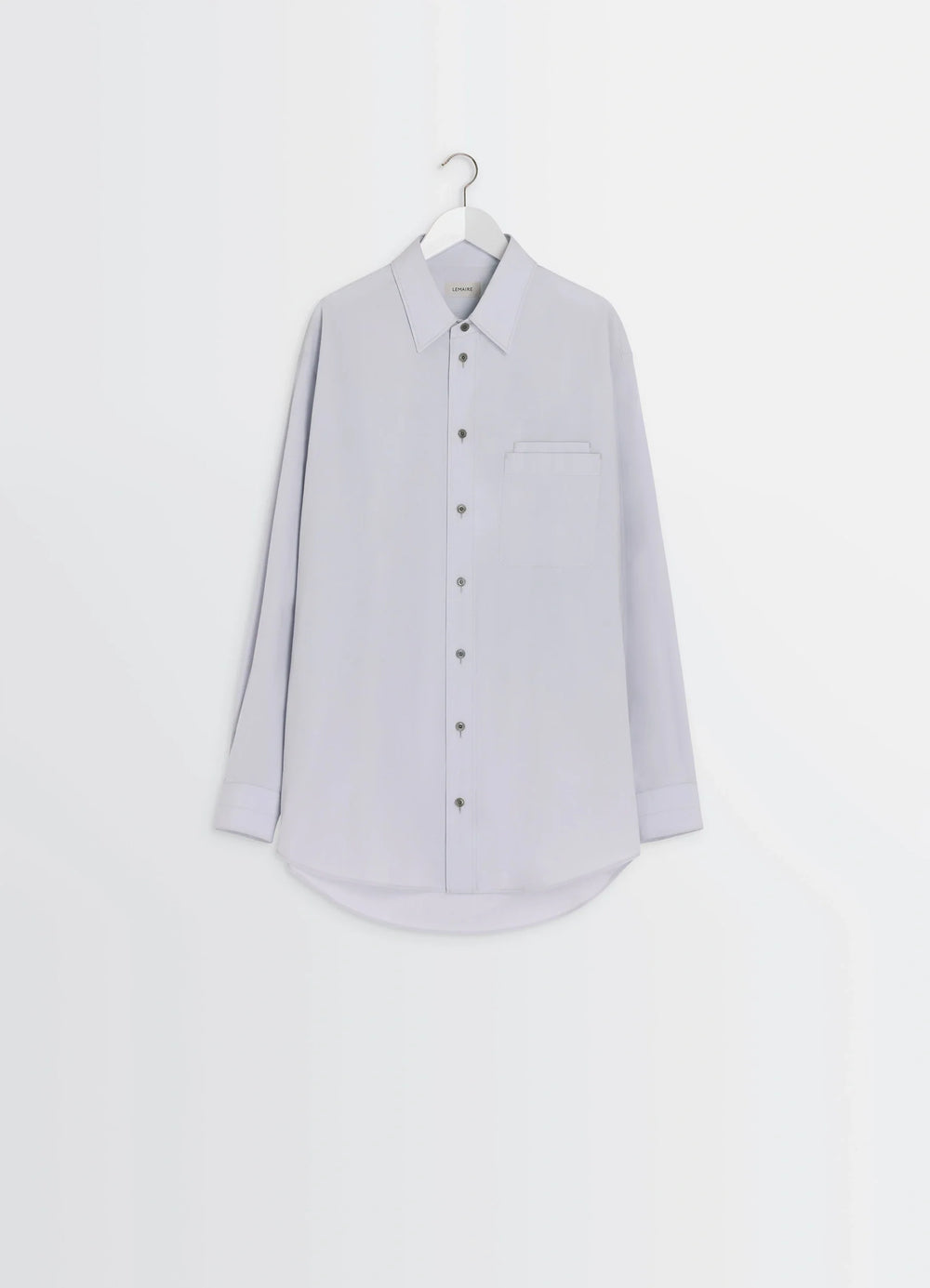 Lemaire Double Pocket Shirt in Light Gray Cotton Crepe, product shot, hung front on hanger tailored hem