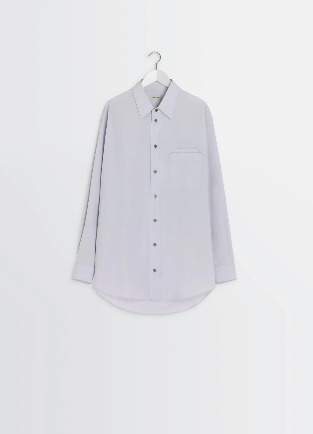 Lemaire Double Pocket Shirt in Light Gray Cotton Crepe, product shot, hung front on hanger tailored hem