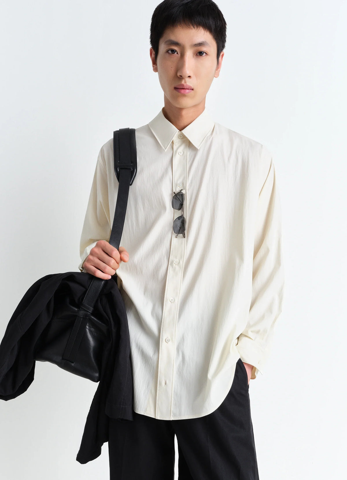 Loop Double Pocket Shirt in Ivory Technical Lyocell, model shot, front view long relaxed fit