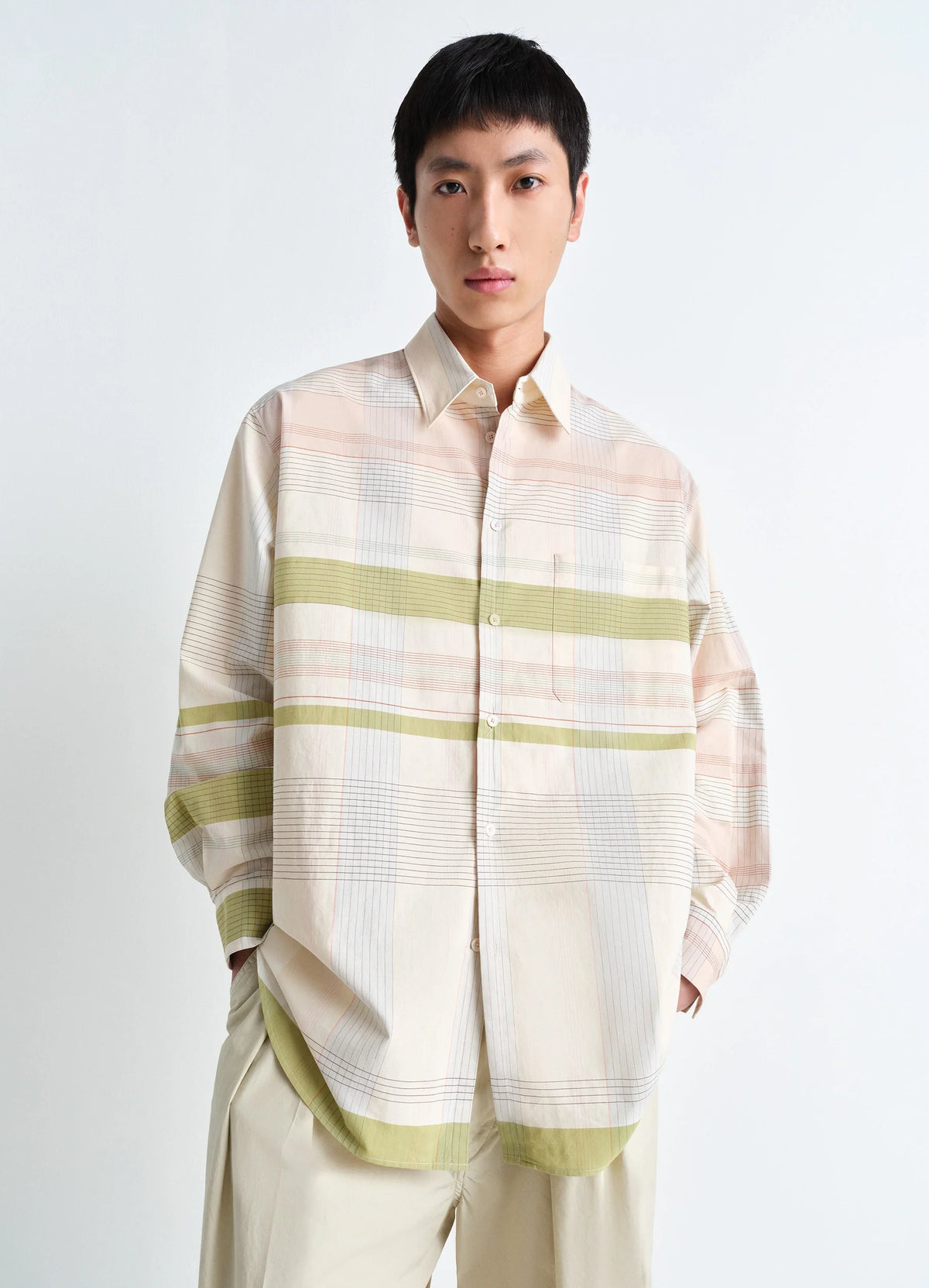 Lemaire Relaxed Shirt in Cotton School Check, model shot, Front view Dropped shoulder fit