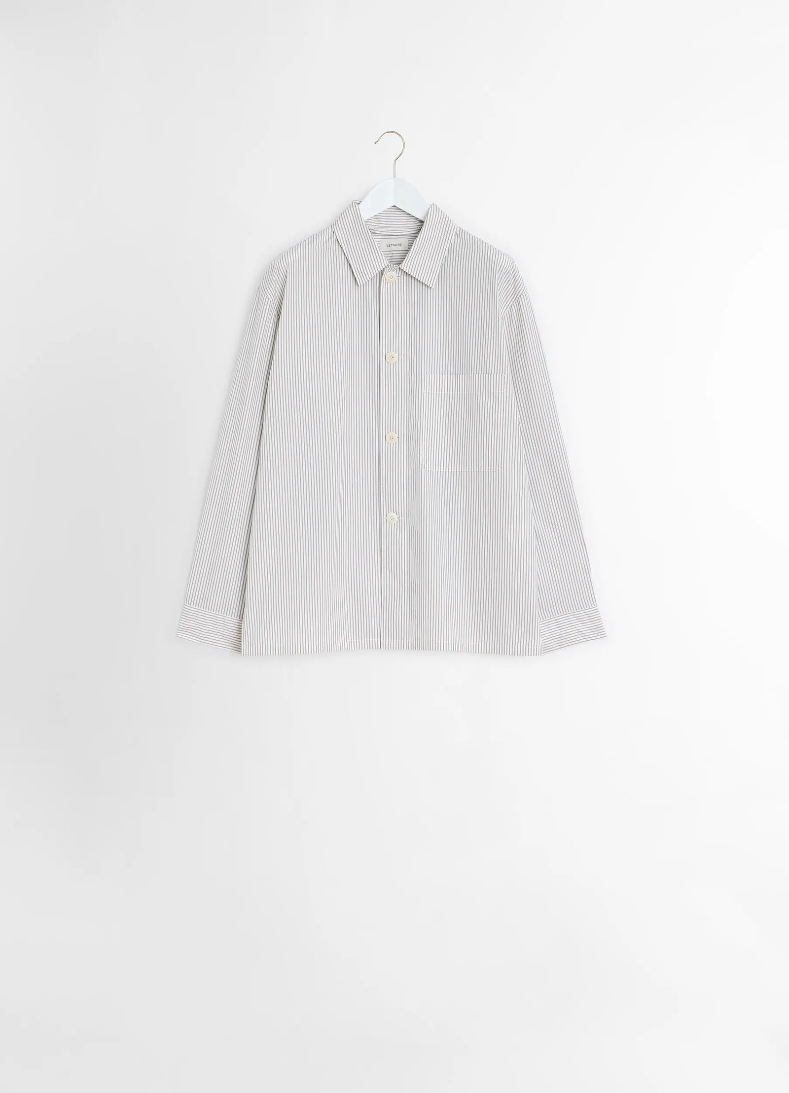 Lemaire pyjama shirt in striped cotton poplin, product shot, flat lay top view chest patch pocket