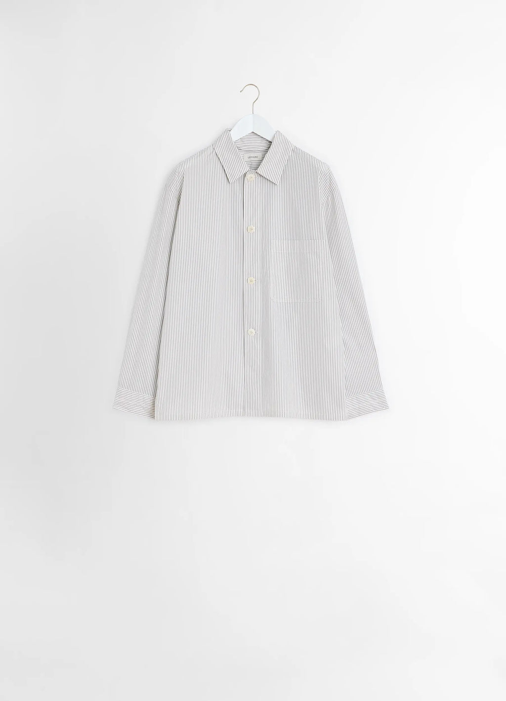 Lemaire Pyjama Shirt in Striped Cotton Poplin, product shot, flat lay top view chest patch pocket