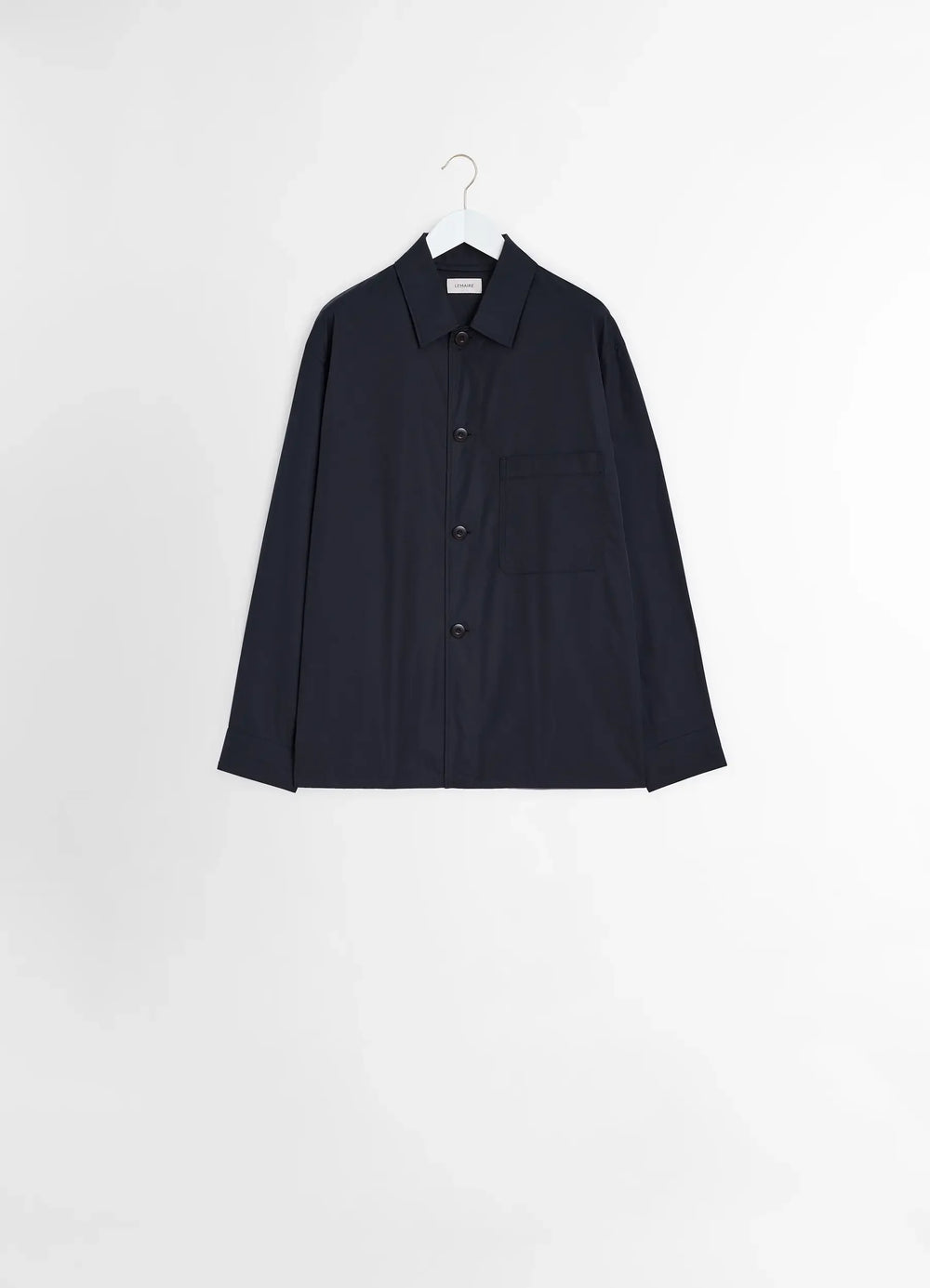 Lemaire Pyjama Shirt in Black Heavy Cotton Washed Poplin, product shot, hanging display view straight hemline visible