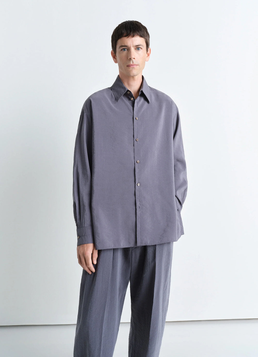 Lemaire Twisted Shirt in Dry Silk, model shot, Front view Adjustable fit, classic collar