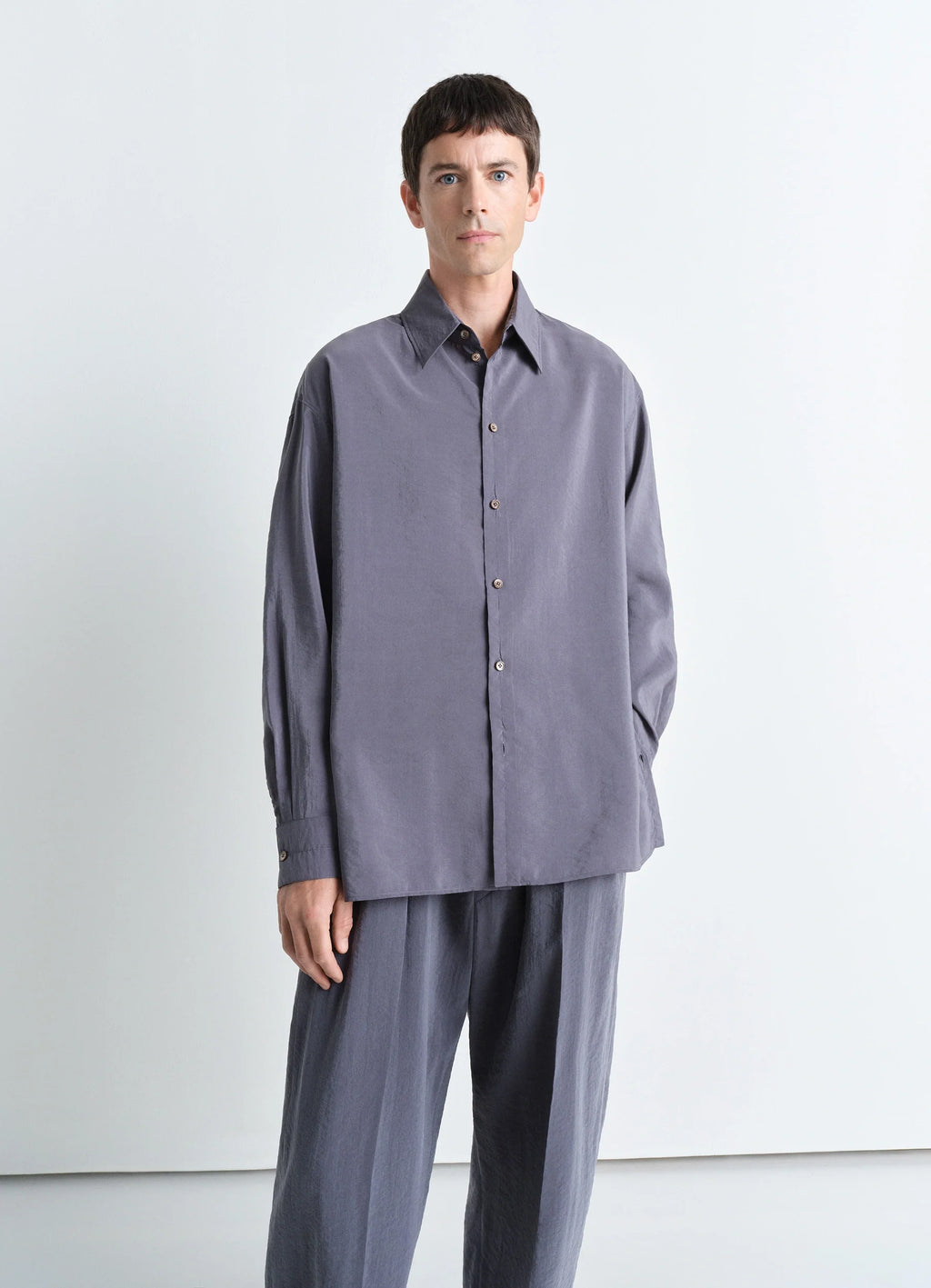 Lemaire Twisted Shirt in Dry Silk, model shot, Front view Adjustable fit, classic collar