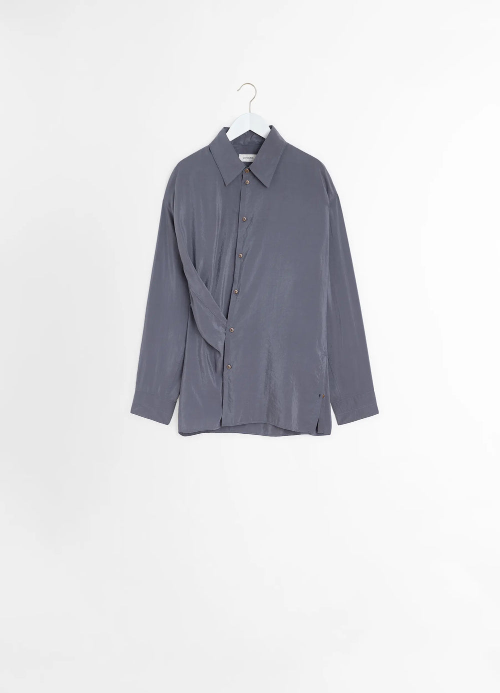 Lemaire Twisted Shirt in Dry Silk, product shot, hanger view asymmetrical front drape