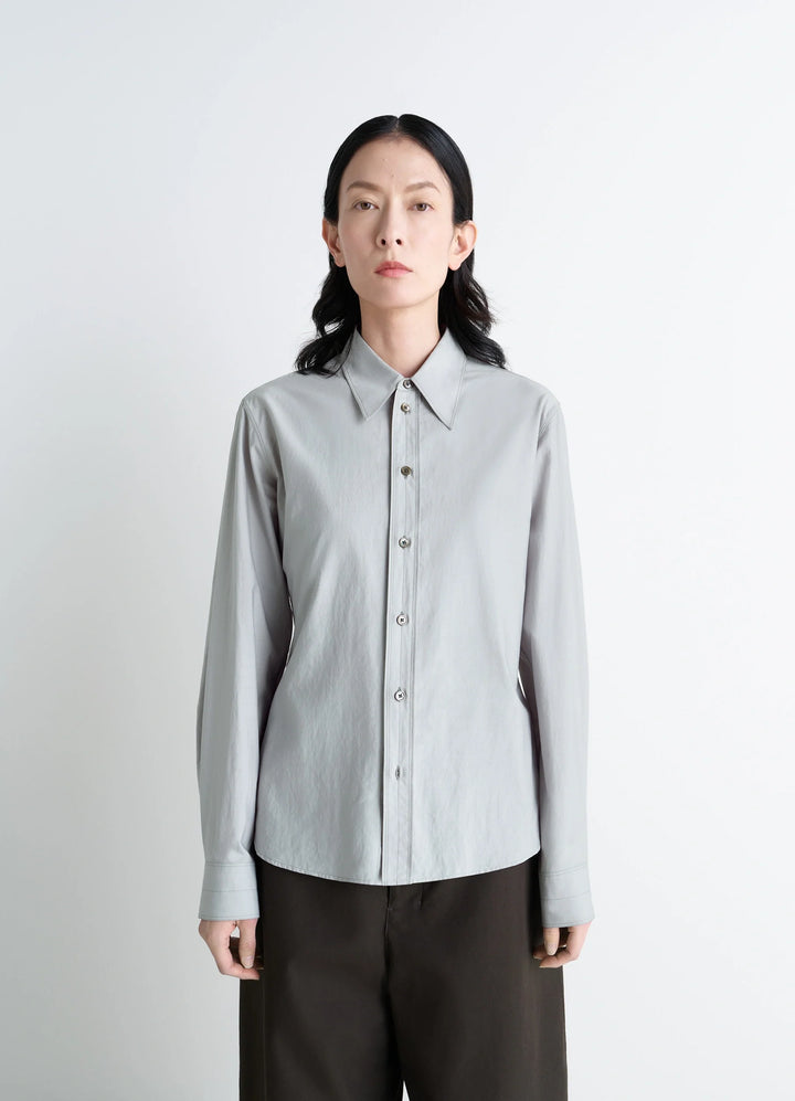 Pointed Collar Shirt in Grey Washed Cotton-Silk, model shot, Front view Fitted cut