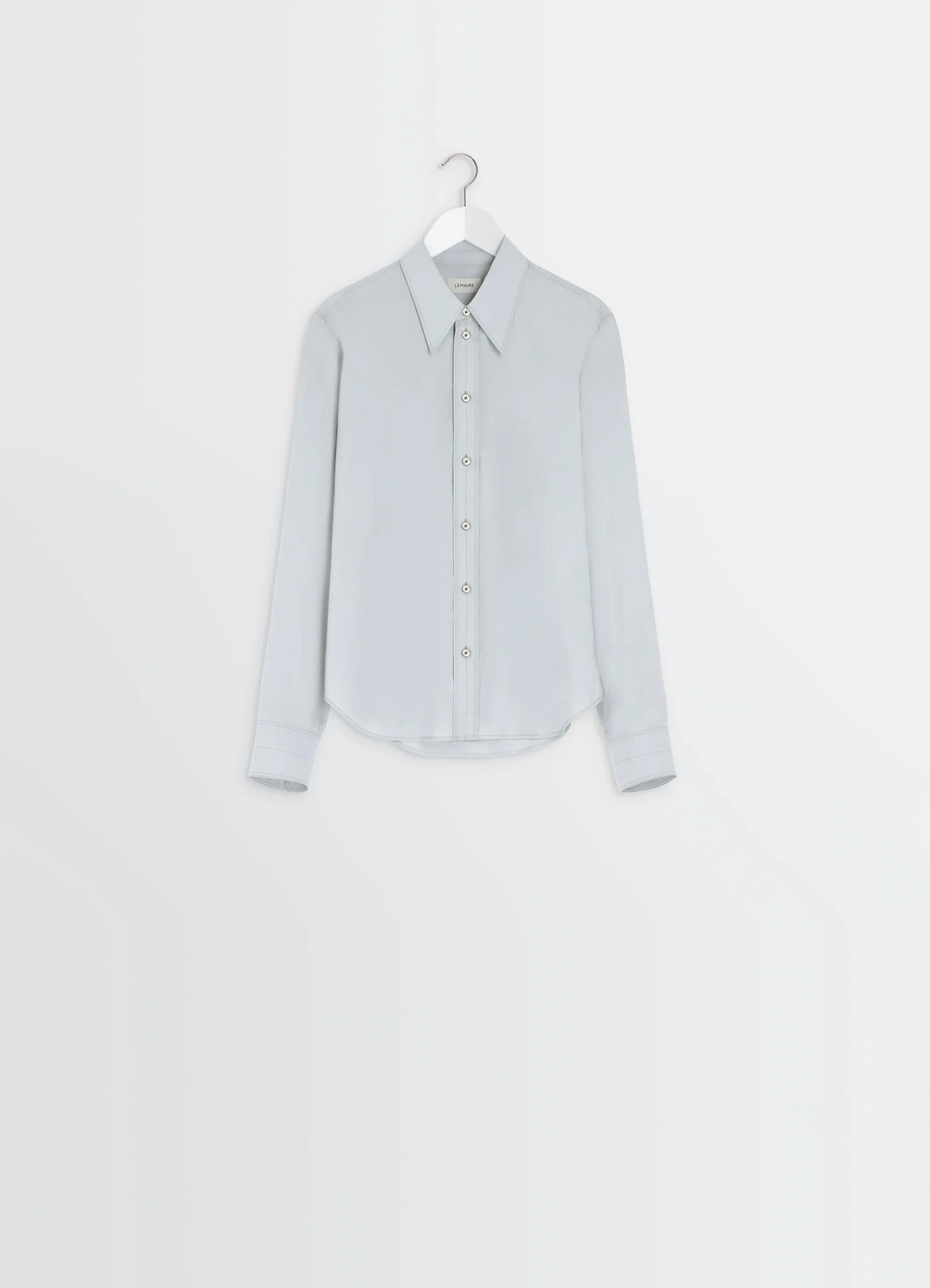 Pointed collar shirt in grey washed cotton-silk, product shot, hanging view extended sleeve cuffs