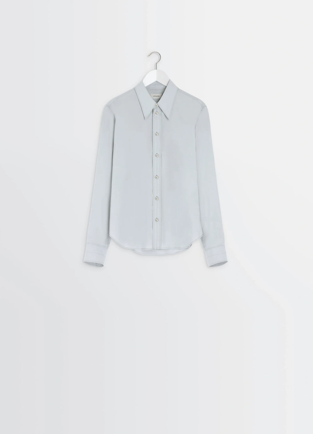 Pointed Collar Shirt in Grey Washed Cotton-Silk, product shot, hanging view extended sleeve cuffs