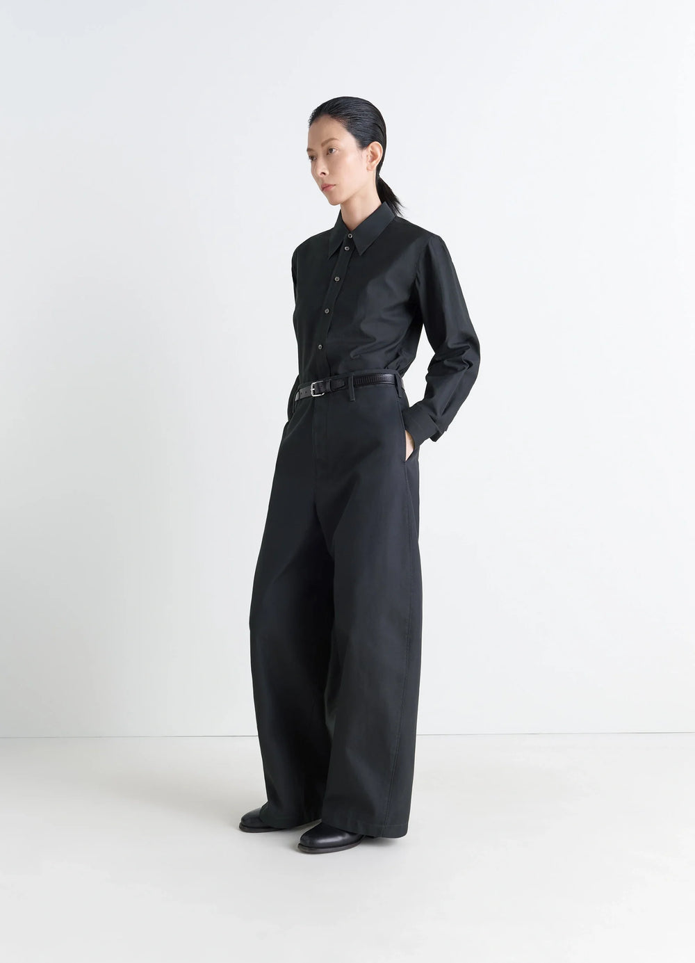 Pointed Collar Shirt in Washed Black Cotton-Silk, model shot, three-quarter view pointed collar, long sleeves