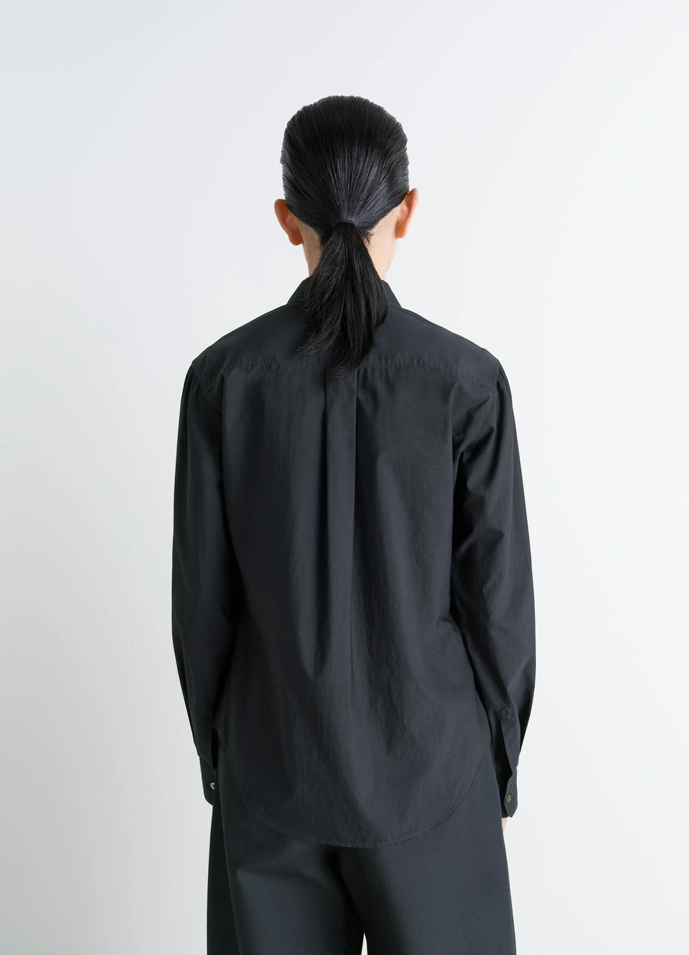 Pointed Collar Shirt in Washed Black Cotton-Silk, model shot, back view relaxed fit with puff sleeves view 4