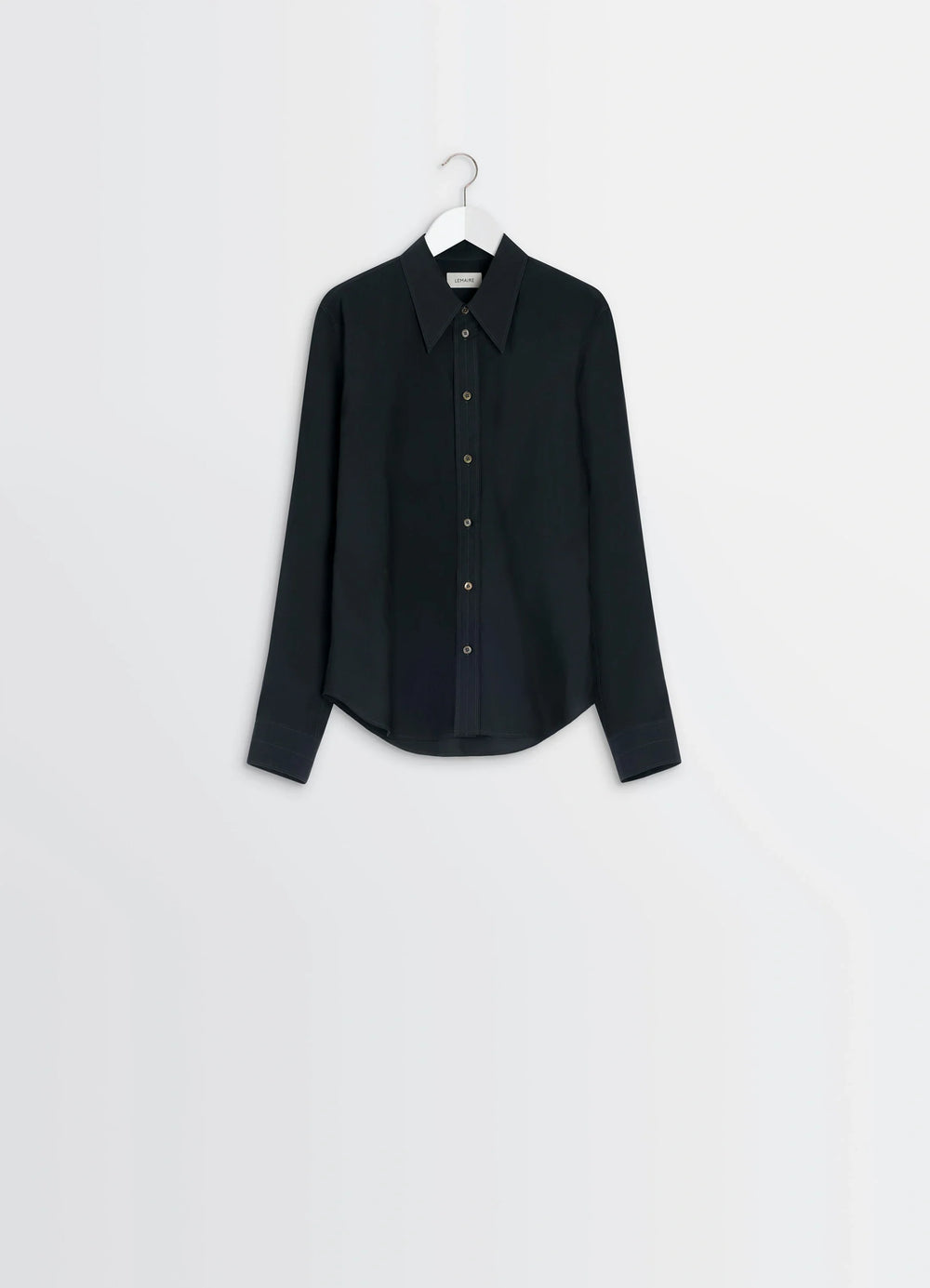 Pointed Collar Shirt in Washed Black Cotton-Silk, product shot, hanging shot curved hemline