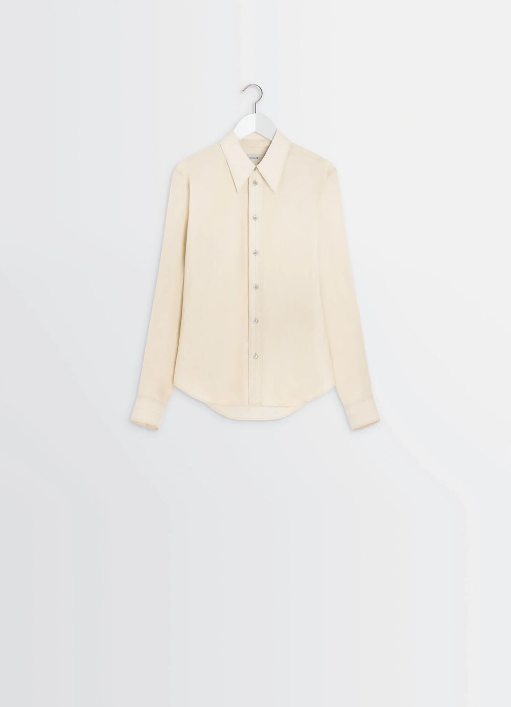 Pointed Collar Shirt in Washed Cotton-Silk Blend, product shot, hanging view button-up, classic collar