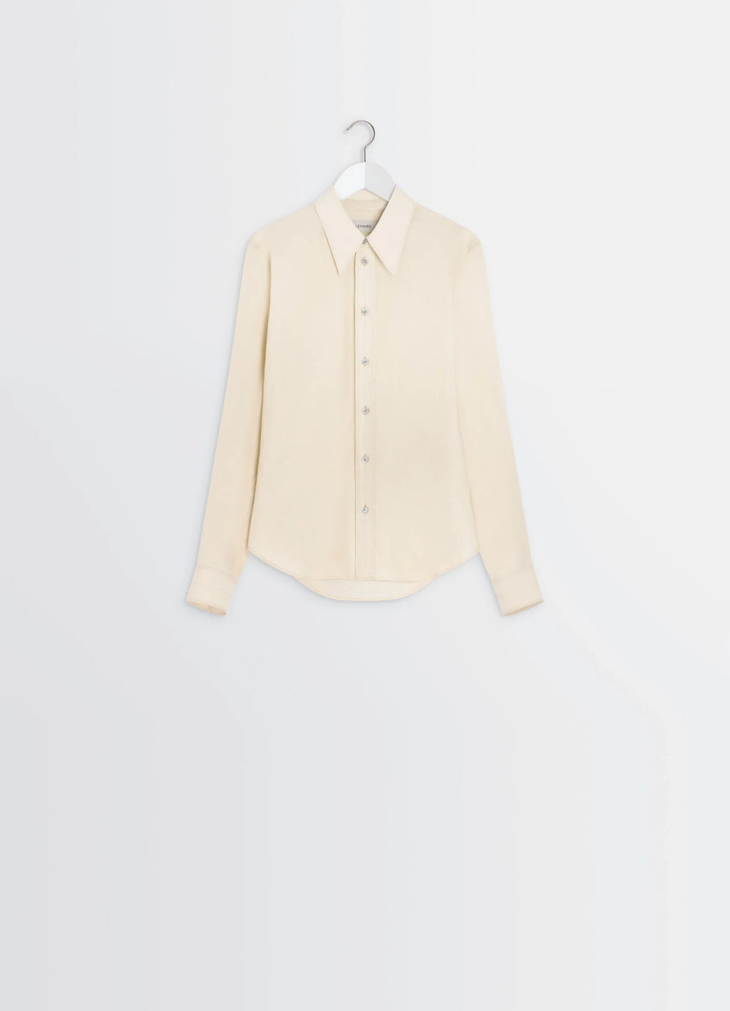 Pointed Collar Shirt in Washed Cotton-Silk Blend, product shot, hanging view button-up, classic collar
