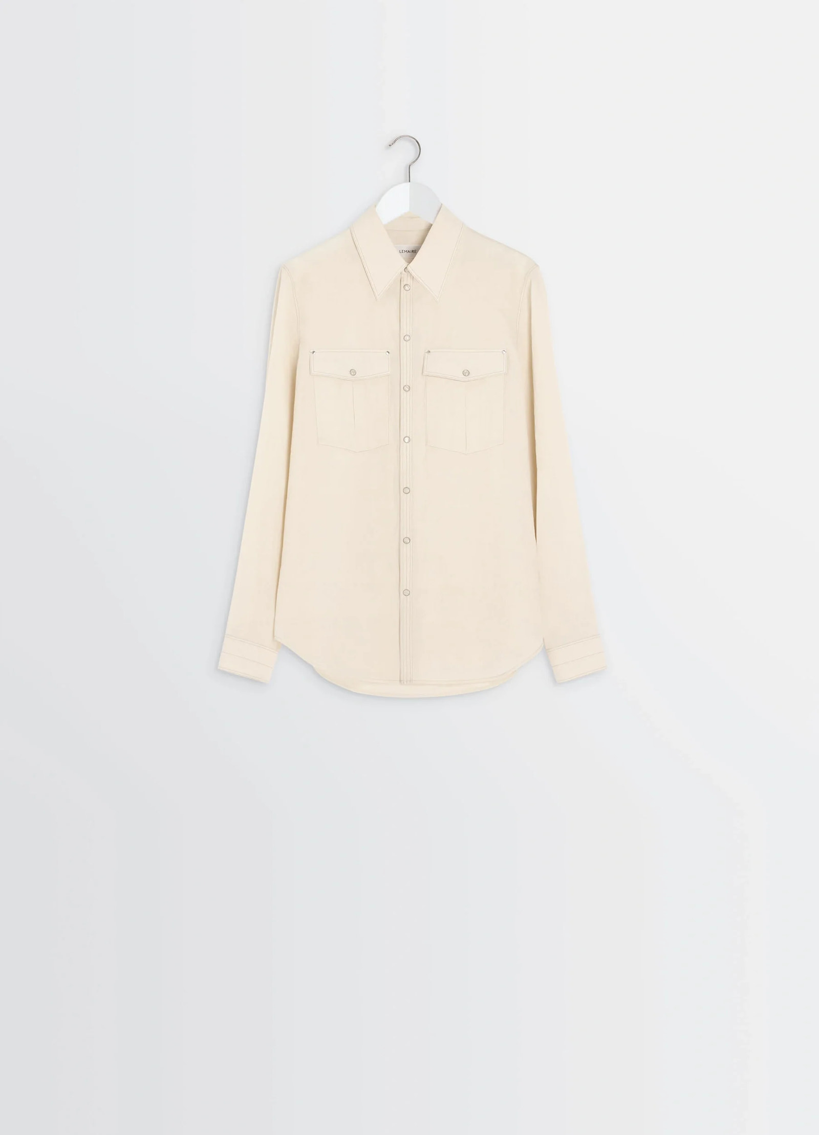 Chest-pocket fitted shirt in cotton crepe, product shot, straight-on hanging dual chest pockets