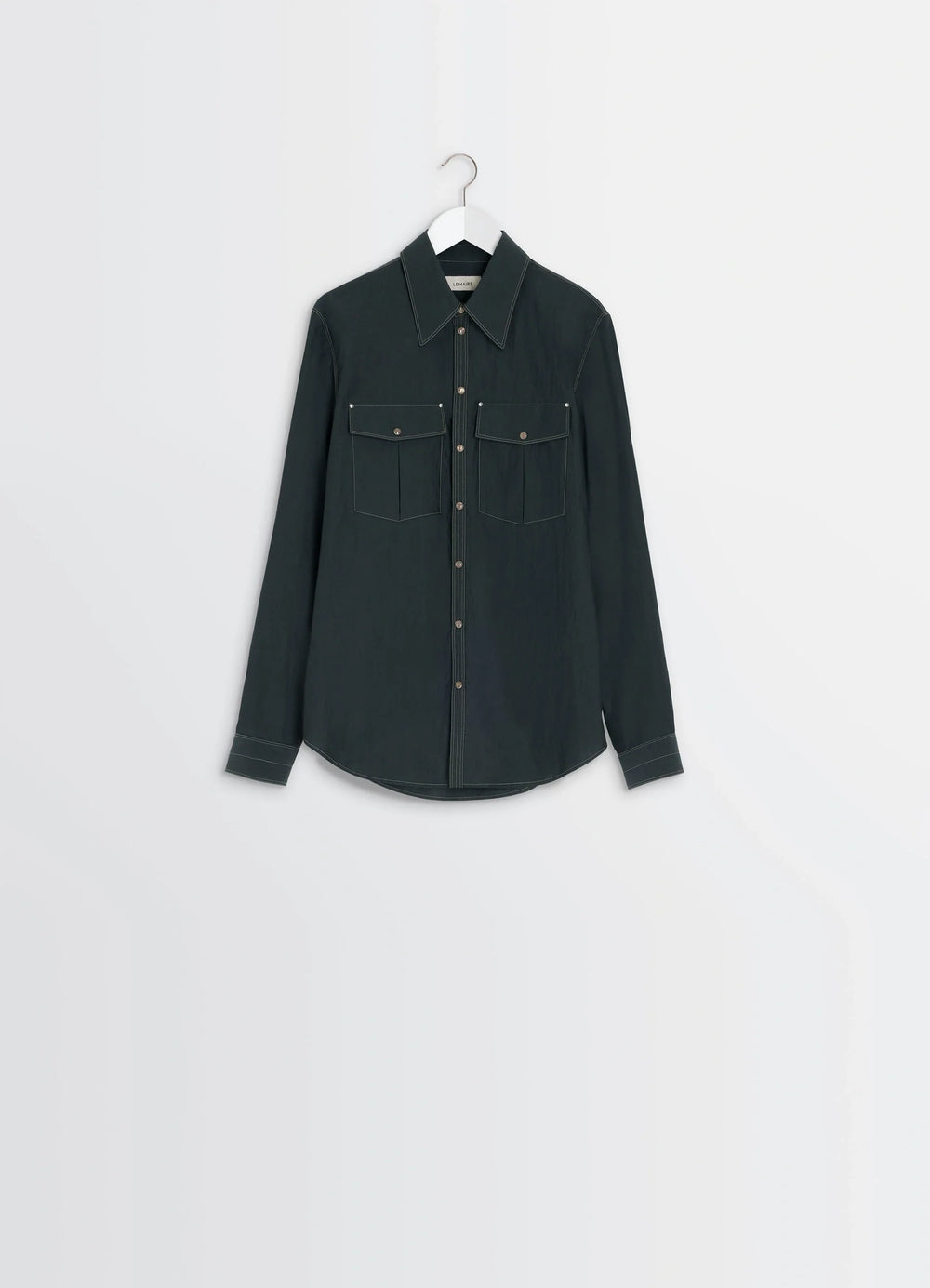 Chest-Pocket Fitted Shirt in Dark Cotton Crepe, product shot, angled shoulder view contrasting stitching detail