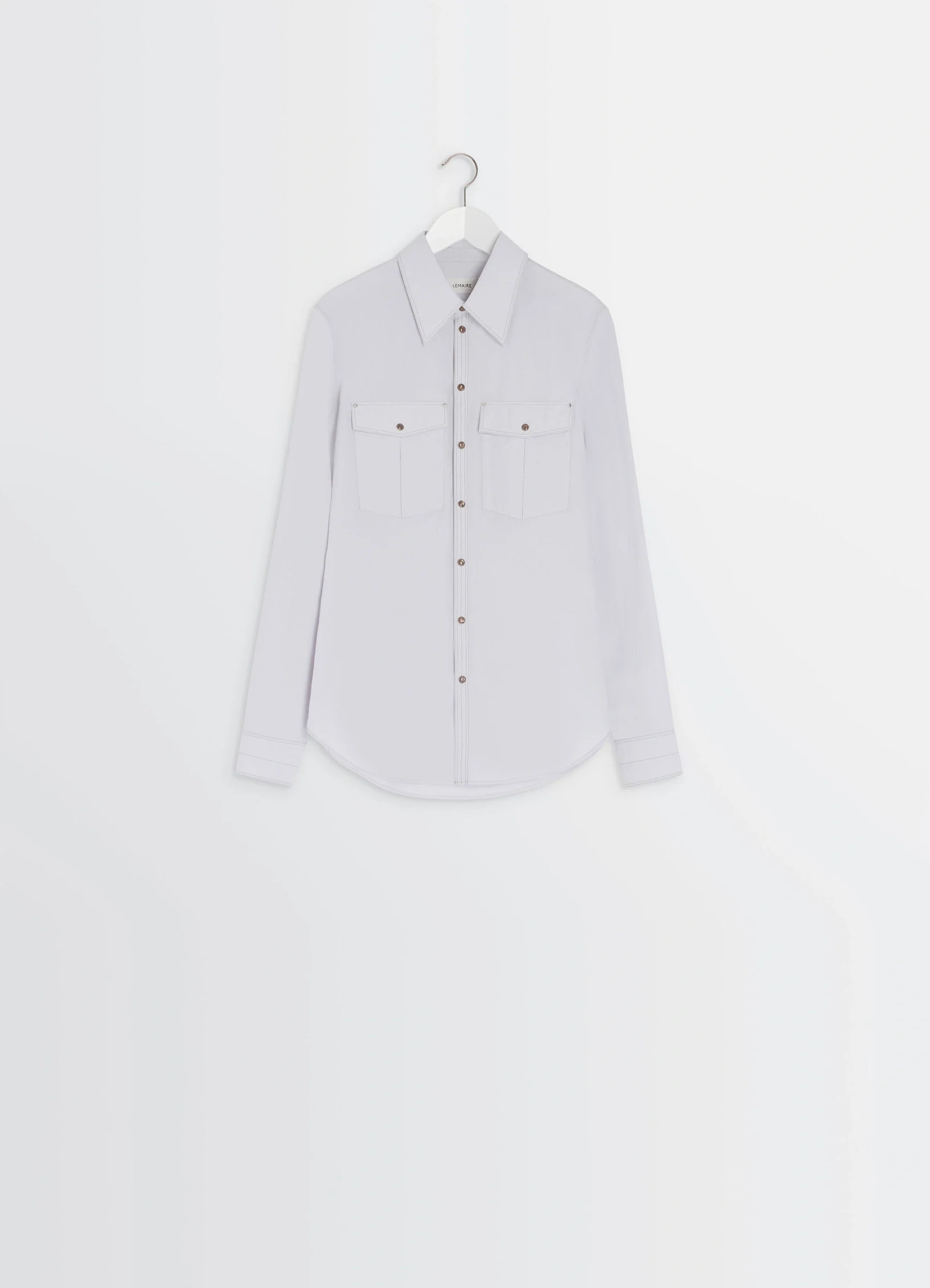 Chest-pocket fitted shirt in cotton crepe, product shot, back view rounded hem