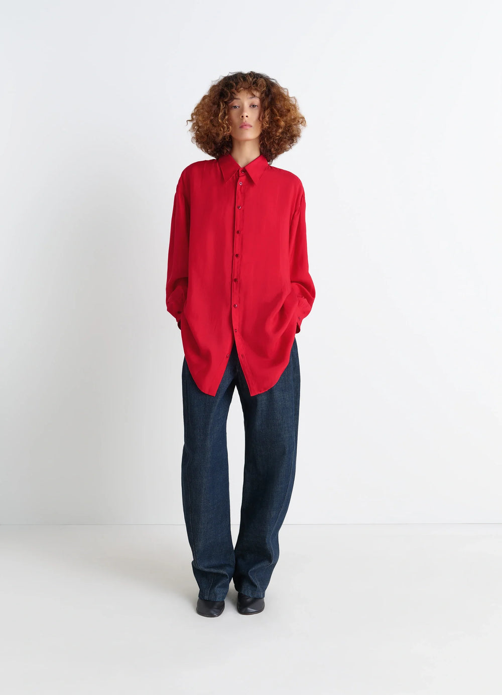 Lemaire Flowing Shirt in Parachute Silk Chiffon, model shot, three-quarter view casual draped fit