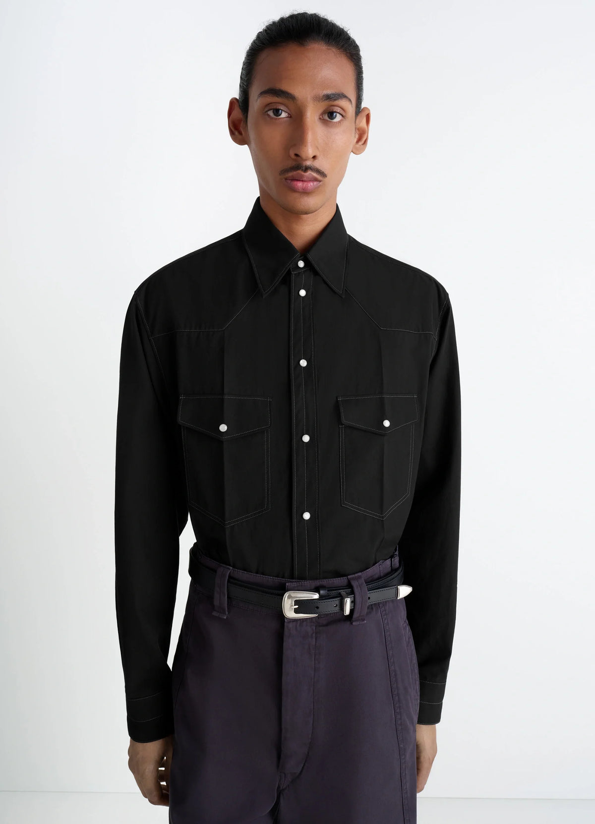 Western Shirt in Black Cotton Twill, model shot, Front view Yokes and patch pockets