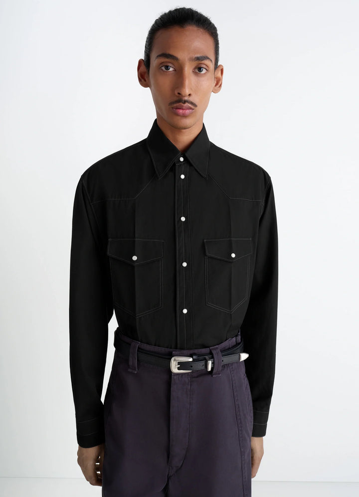 Western Shirt in Black Cotton Twill, model shot, Front view Yokes and patch pockets