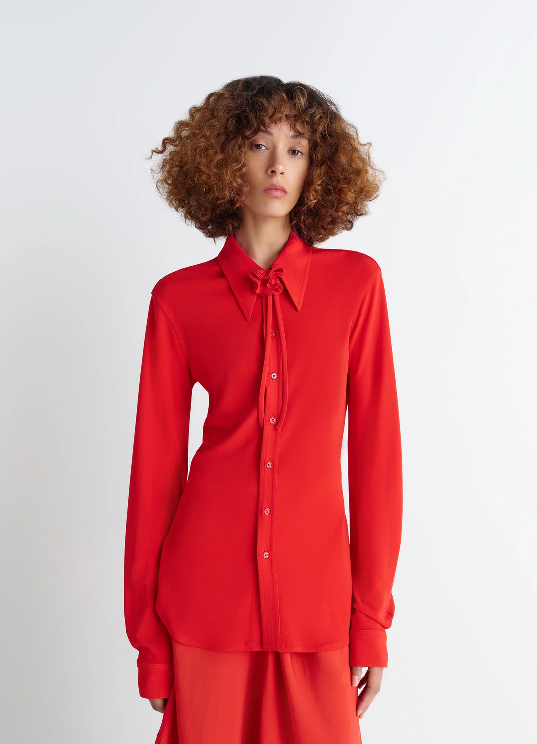 Lemaire Soft Fitted Shirt in Red Viscose Crepe Jersey, model shot, Front view Slim fit with cord and flower