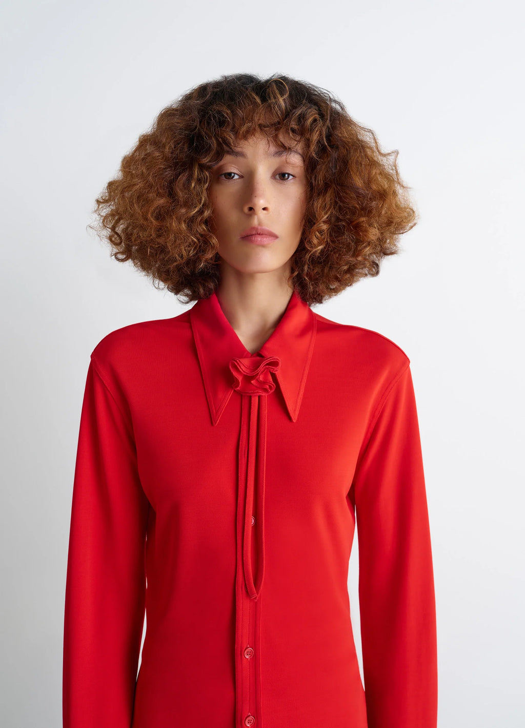 Lemaire Soft Fitted Shirt in Red Viscose Crepe Jersey, model shot, close-up front view tie neck collar detail