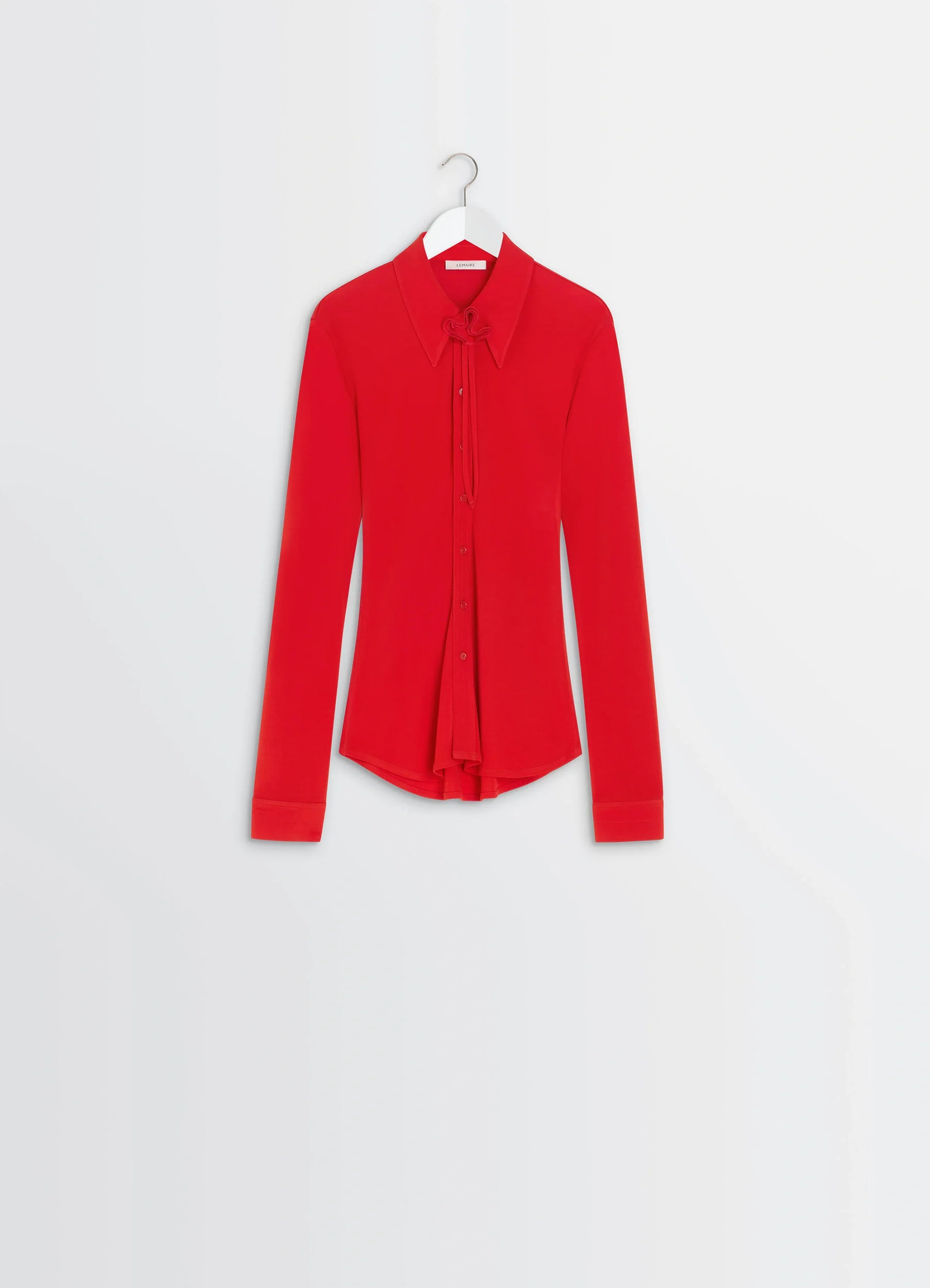 Lemaire soft fitted shirt in red viscose crepe jersey, product shot, hanger display view button-down tie neck