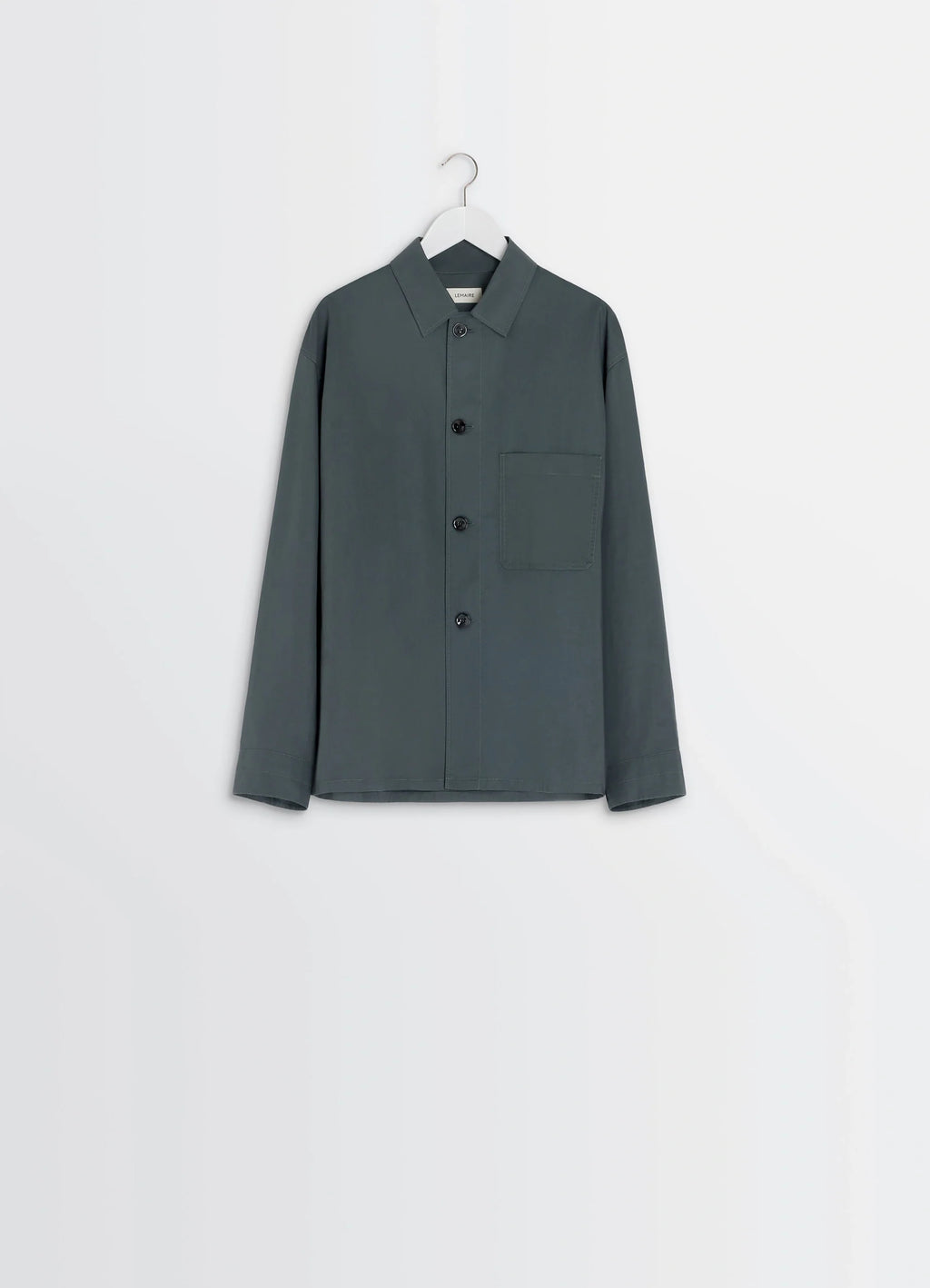 Lemaire Pyjama Shirt in Black Satin Finish Cotton, product shot, hanging view cuffed sleeves
