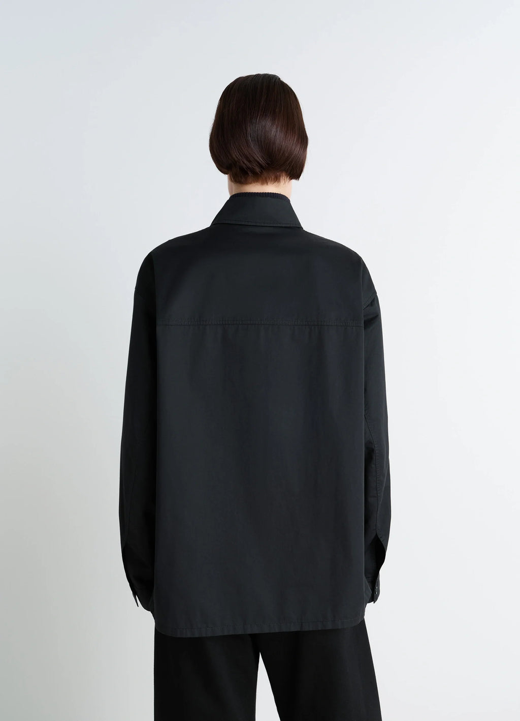 Lemaire Pyjama Shirt in Black Lightweight Cotton, model shot, back view loose fit silhouette