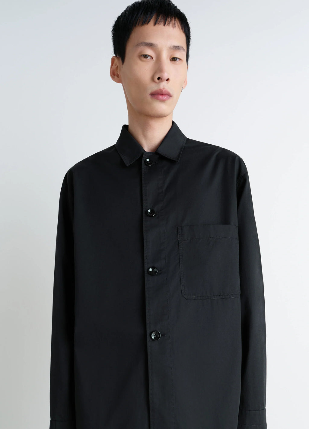 Lemaire Pyjama Shirt in Black Lightweight Cotton, model shot, mid-length model shot visible collar stitching