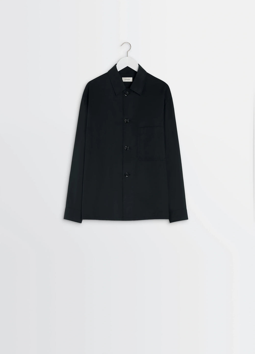 Lemaire Pyjama Shirt in Black Lightweight Cotton, product shot, hanger display view straight long sleeves