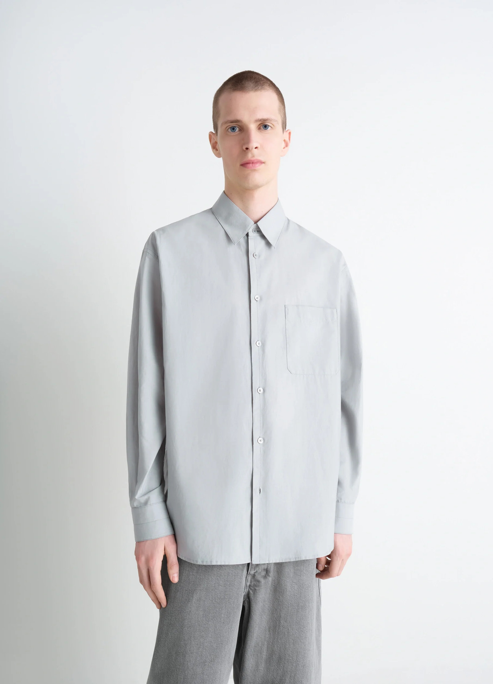 Lemaire regular shirt in washed cotton silk, model shot, front view straight cut