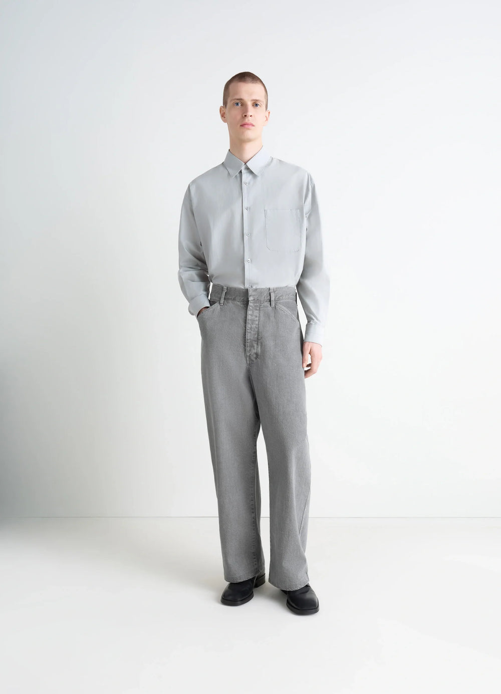 Lemaire Regular Shirt in Washed Cotton Silk, model shot, 3/4 view relaxed fit