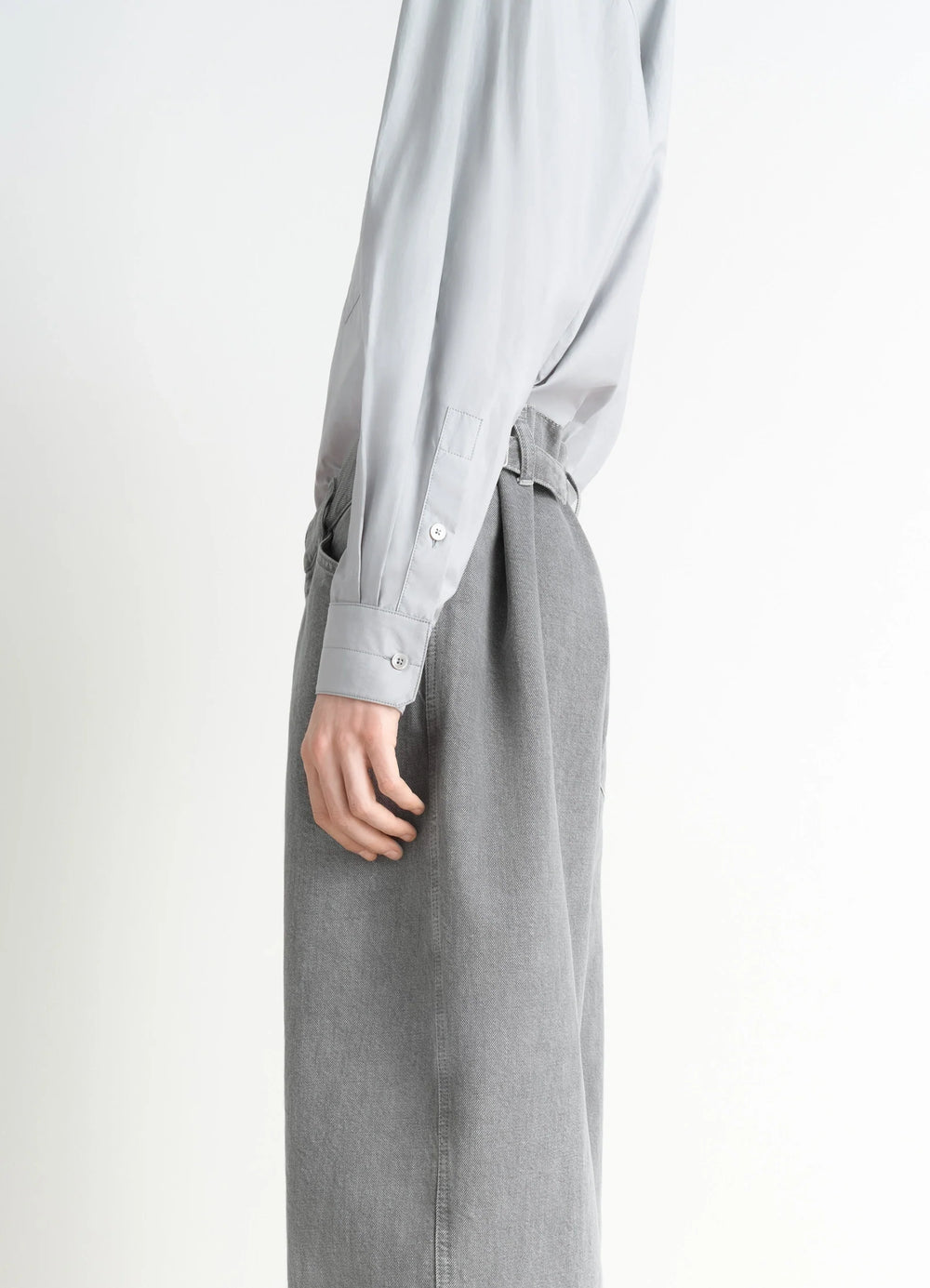 Lemaire Regular Shirt in Washed Cotton Silk, model shot, side view long cuffed sleeves