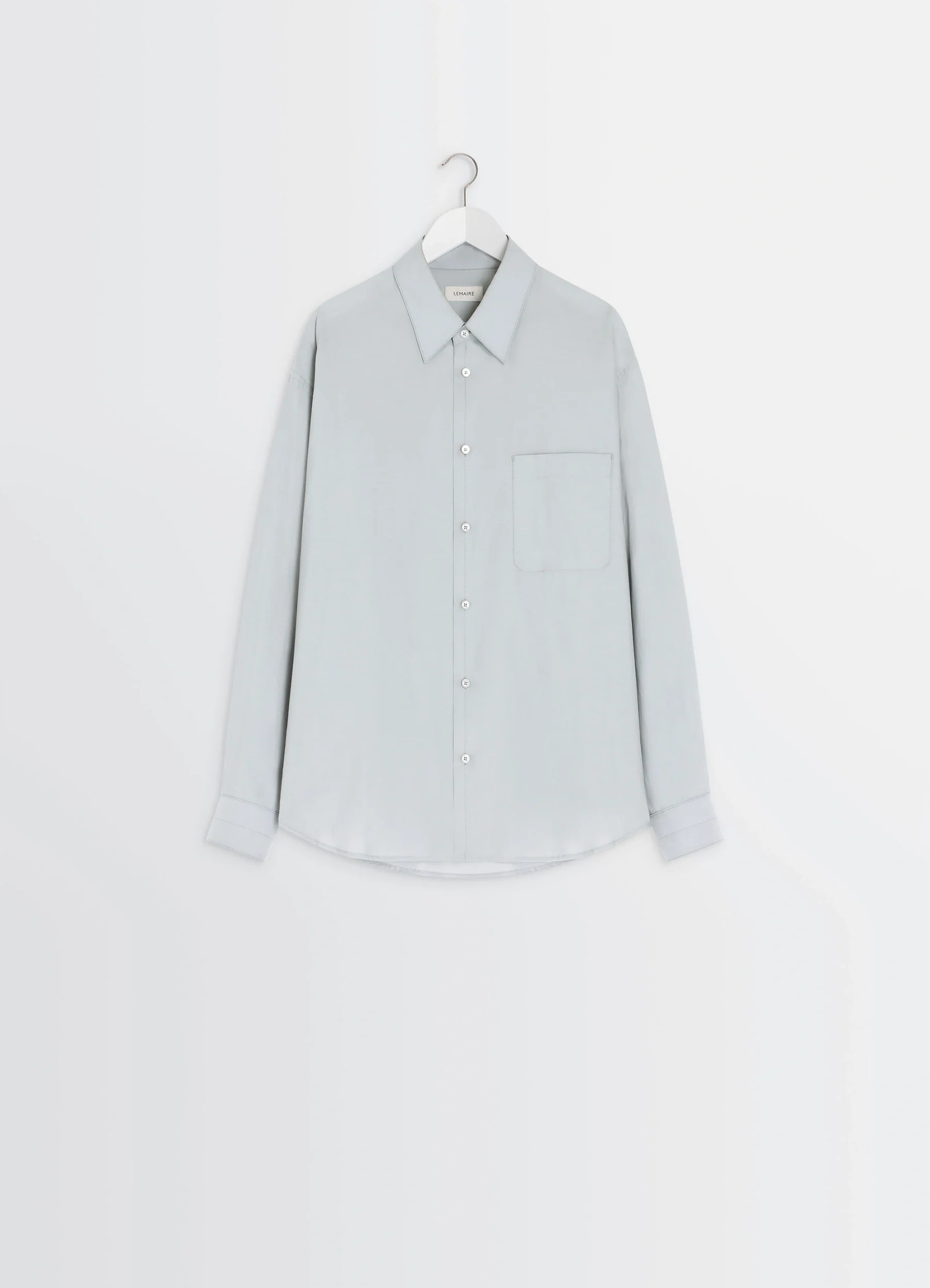 Lemaire regular shirt in washed cotton silk, product shot, hanging view classic collar visible
