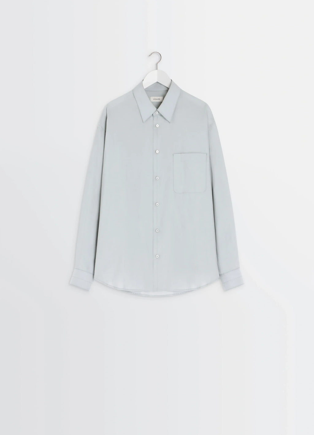 Lemaire Regular Shirt in Washed Cotton Silk, product shot, hanging view classic collar visible