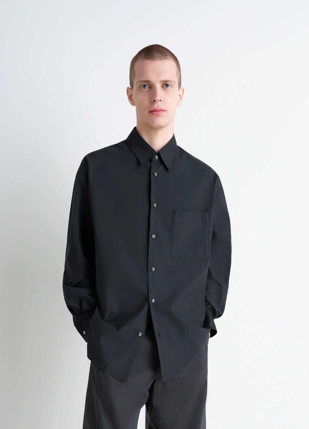 Lemaire Regular Shirt in Washed Cotton Silk, model shot, Front view Straight fit