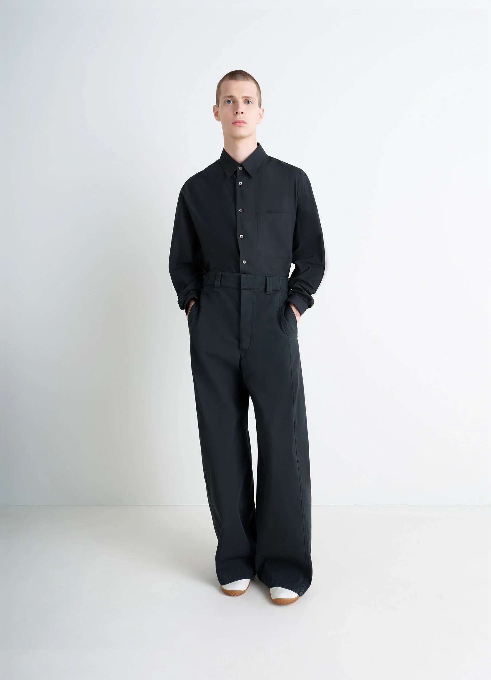 Lemaire regular shirt in washed cotton silk, model shot, full body view collared button-up