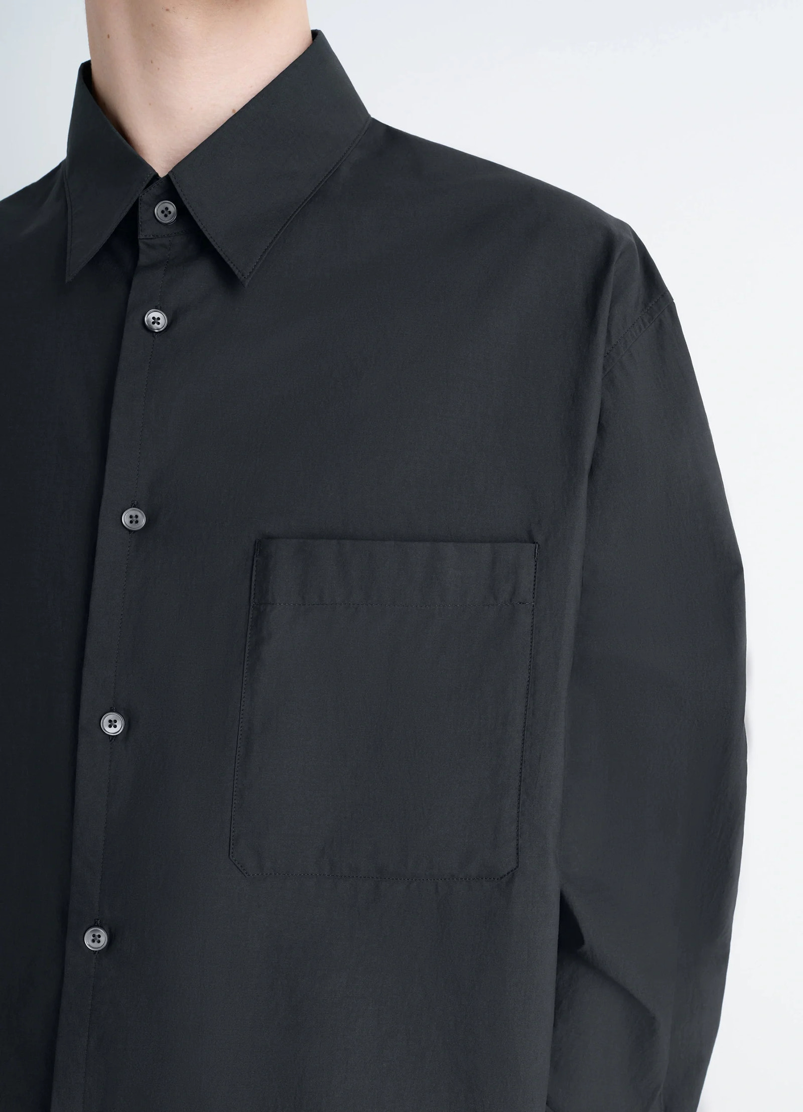 Lemaire regular shirt in washed cotton silk, product shot, close-up detail single chest pocket