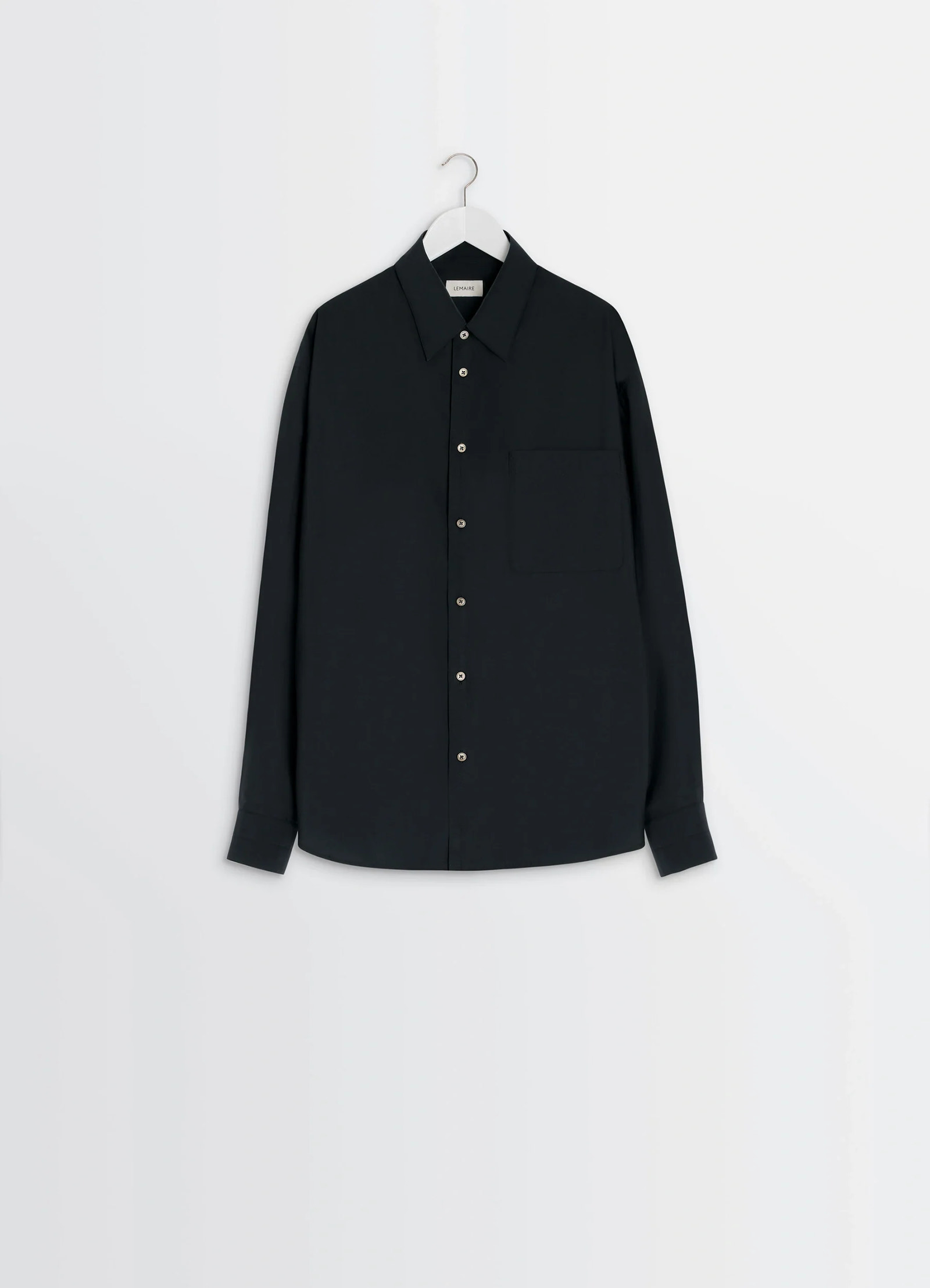 Lemaire regular shirt in washed cotton silk, product shot, side view buttoned cuffs