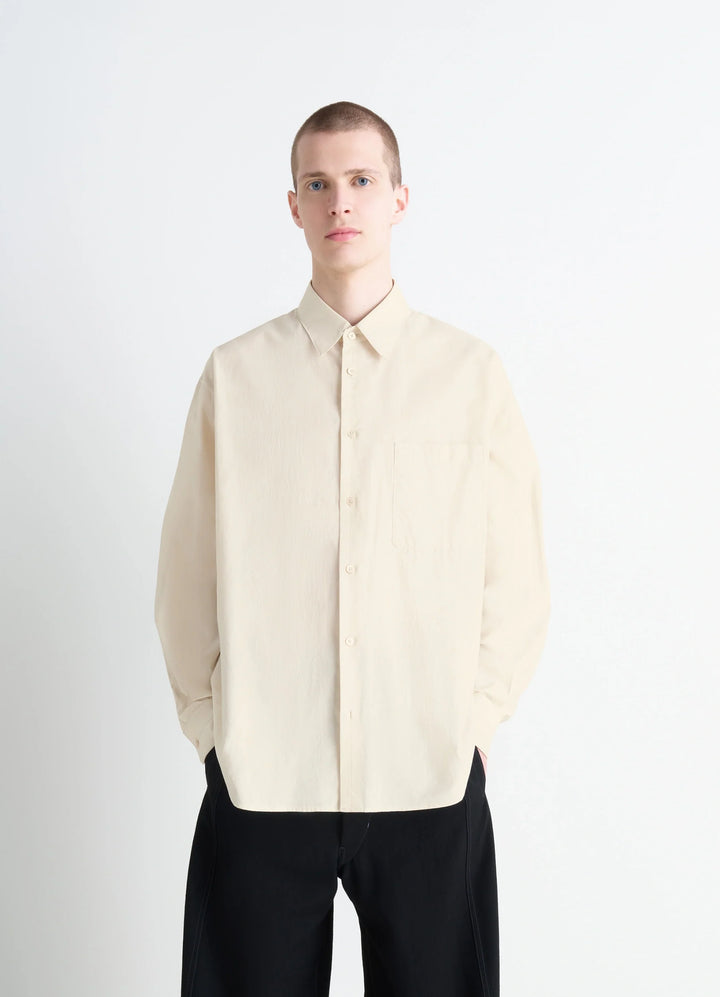 Lemaire Regular Shirt in Washed Cotton and Silk, model shot, Front view Straight cut
