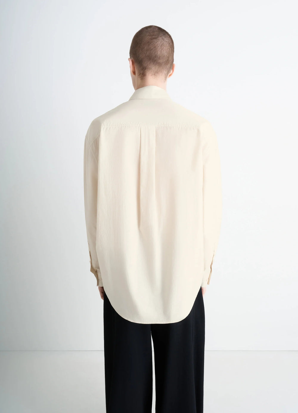 Lemaire Regular Shirt in Washed Cotton and Silk, model shot, back view curved hem