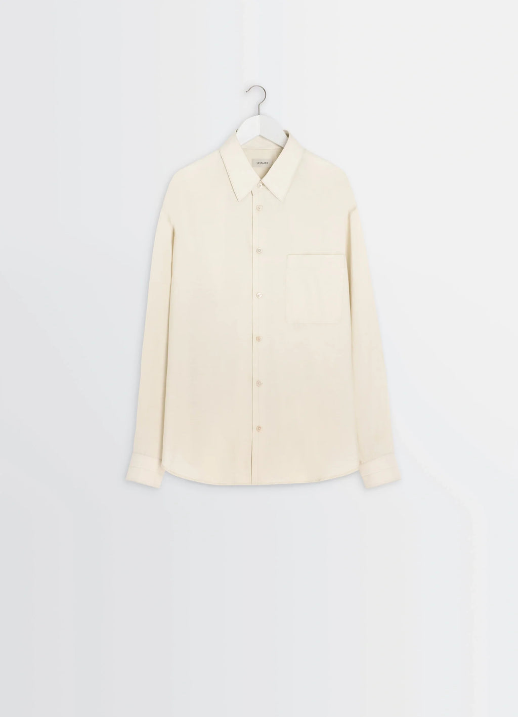 Lemaire Regular Shirt in Washed Cotton and Silk, product shot, hanging view buttoned cuffs