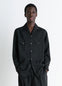 Lemaire Convertible Collar Shirt in Black Dry Silk Blend, model shot, Front view Convertible collar, relaxed fit