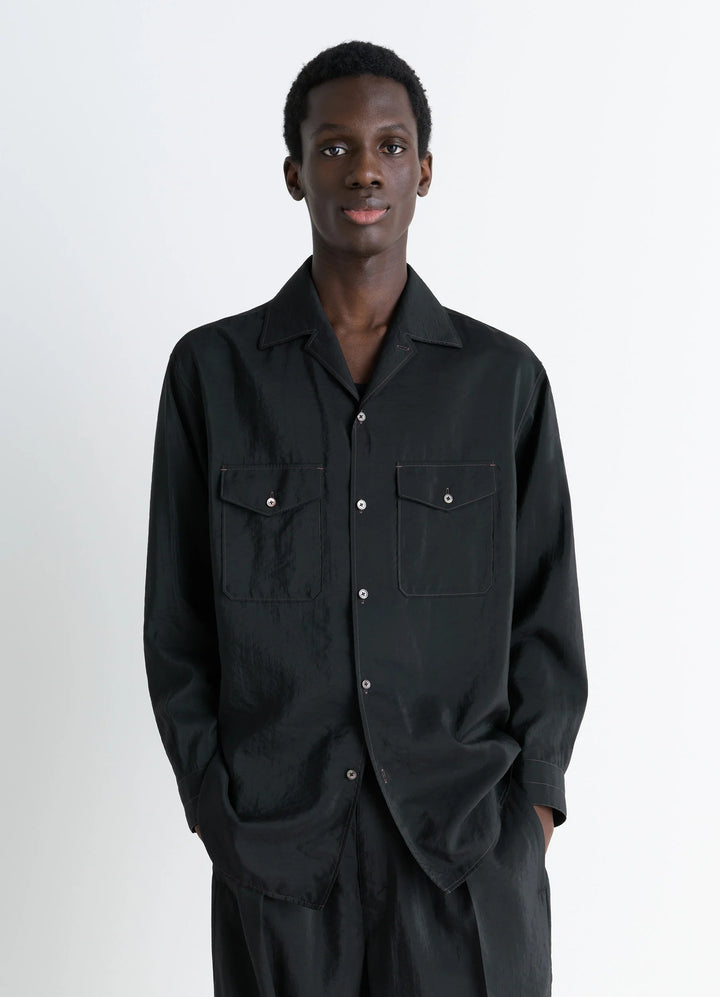 Lemaire Convertible Collar Shirt in Black Dry Silk Blend, model shot, Front view Convertible collar, relaxed fit