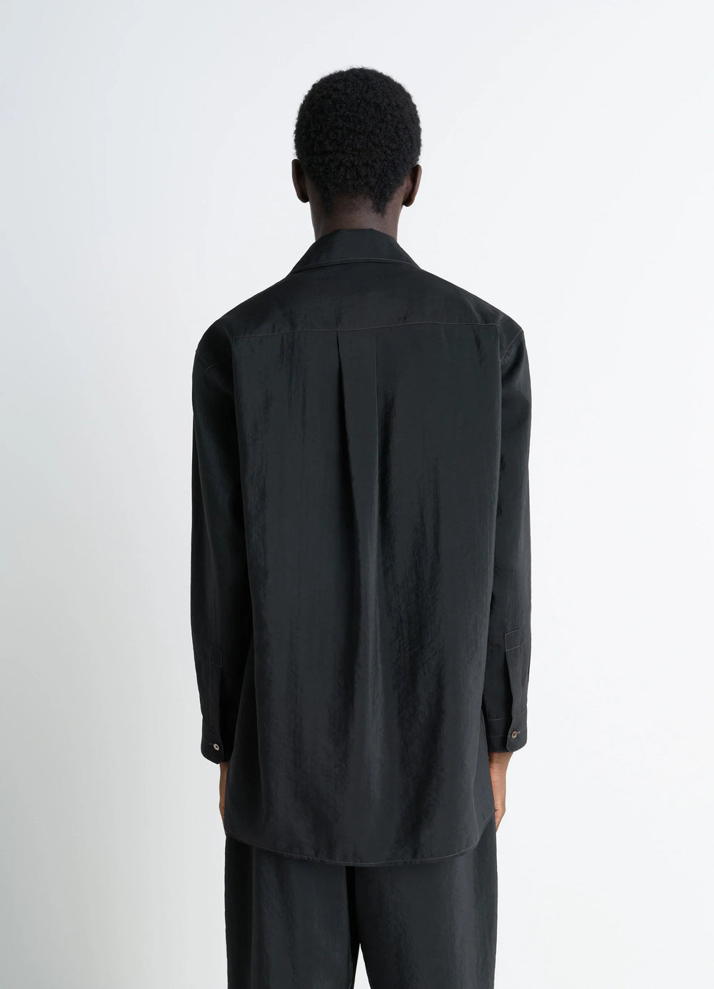 Lemaire Convertible Collar Shirt in Black Dry Silk Blend, model shot, back view box pleat back yoke