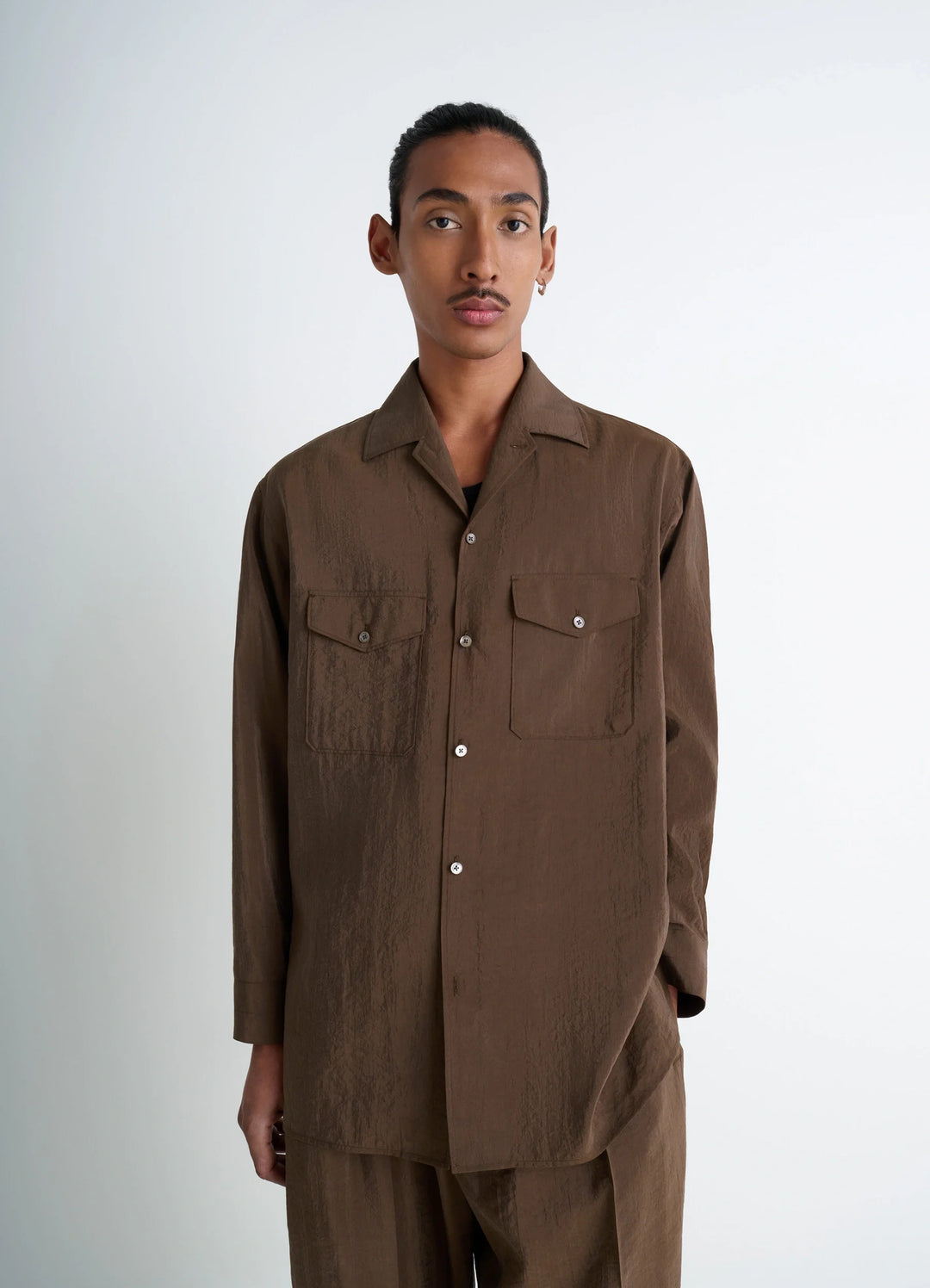 Lemaire Convertible Collar Shirt in Brown Dry Silk Blend, model shot, Front view Convertible collar, loose fit